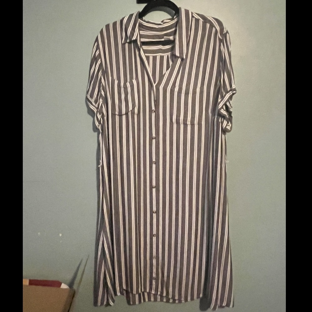 Short Sleeve Gray Pinstripe Shirt Dress